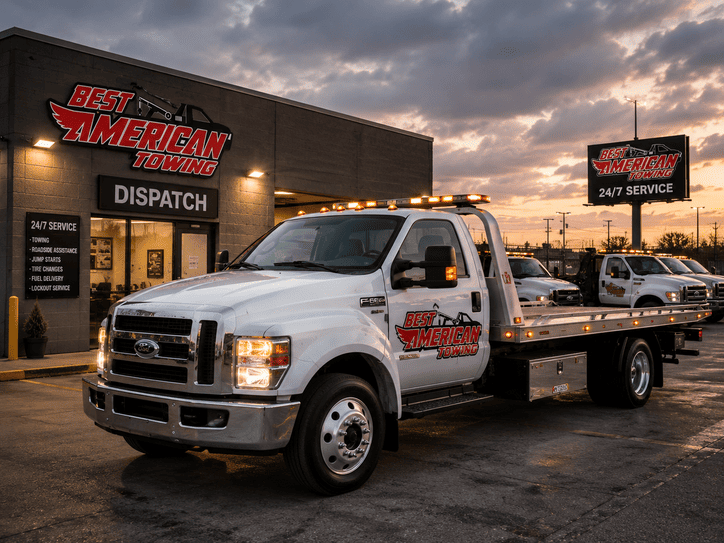 Best American Towing dispatch truck ready for service in Fremont CA